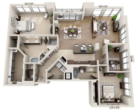 Floor plan for 2 beds, 2.5 baths, 2082 sqft